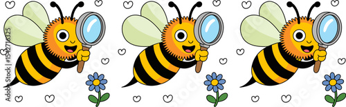 Cute bee with magnifying glass vector illustration for kids honey bumblebee cartoon drawing clip art design editable stock vector illustration