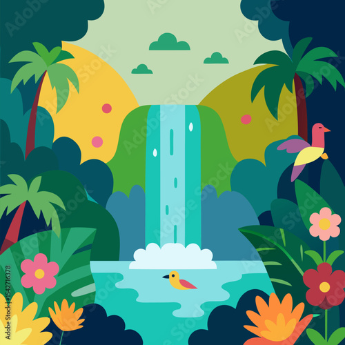 Showcasing a hidden oasis within a tropical jungle, with a serene waterfall surrounded by lush vegetation, exotic flowers, and colorful bird vector landscape background.