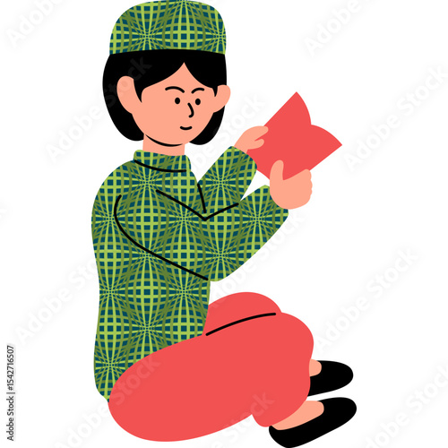 Boy Reading Floor Flat Illustration Vector Style, Boy Sitting on Floor Reading Book