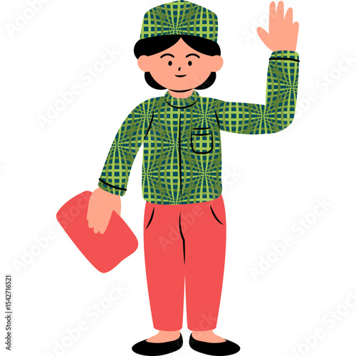 Boy Wave Book Flat Illustration Vector Style, Boy Waving and Holding School Book