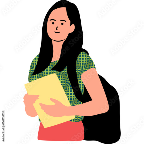 Girl Long Hair Flat Illustration Vector Style, Girl with Long Hair Holding Notebook