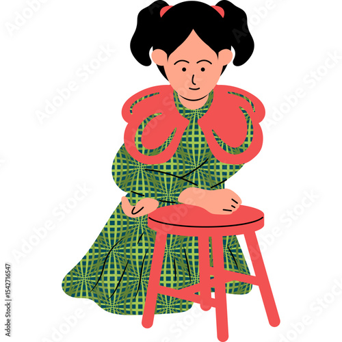 Girl Bench Flat Illustration Vector Style, Young Girl Sitting on School Bench