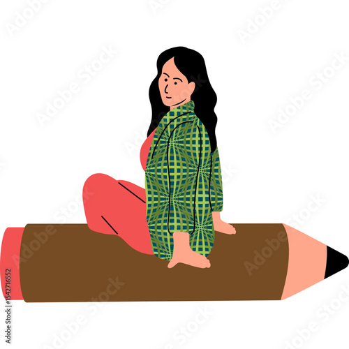 Girl Oversized Pencil Flat Illustration Vector Style, Girl Sitting on Oversized Pencil
