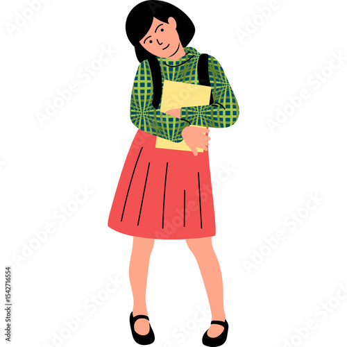 Girl Notebook Smile Flat Illustration Vector Style, Smiling Girl Holding School Notebook