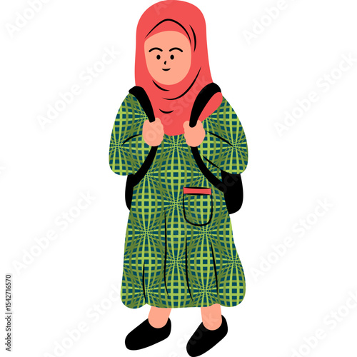 Hijabi Backpack Flat Illustration Vector Style, Hijabi Girl Standing with Backpack