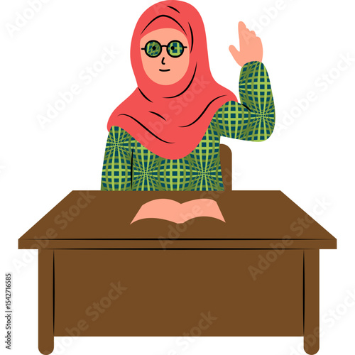 Girl Raise Hand Flat Illustration Vector Style, Student Girl Raising Hand at Desk
