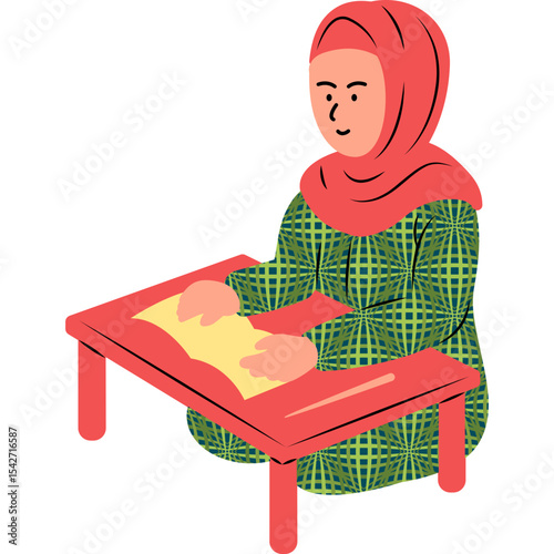 Homework Floor Flat Illustration Vector Style, Girl Doing Homework on Floor Desk