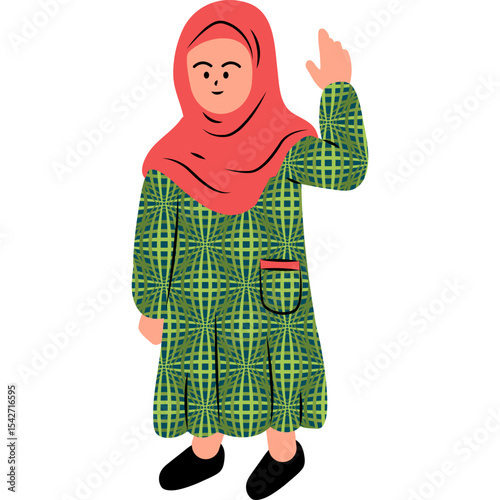 Hijabi Point Flat Illustration Vector Style, Hijabi Girl Pointing Up in Classroom