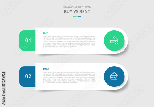 buy vs rent comparison for infographic with round rectangle with circle badge drop shadow style with two point list information