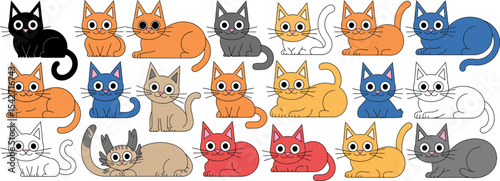 Cartoon cats vector illustration cute kitty kittens feline pet animal graphic design colorful art 100 char editable stock vector illustration