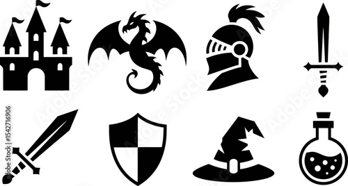 Fantasy rpg game icons set vector illustration castle dragon knight sword shield wizard potion magic 100 editable stock vector illustration