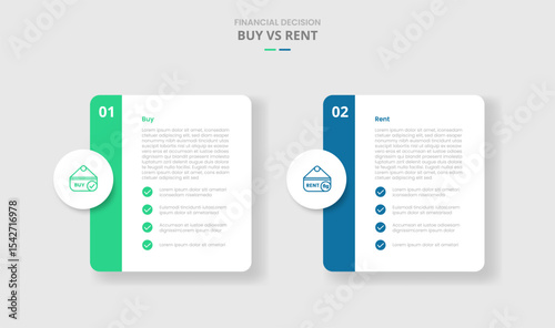 buy vs rent comparison for infographic with round box container with circle badge and list side badge drop shadow style with two point list information