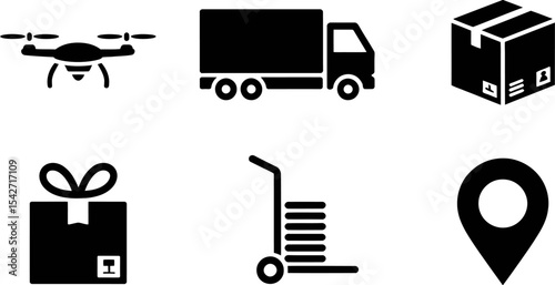 Delivery shipping logistics transportation service drone truck package location vector icons set design editable stock vector illustration
