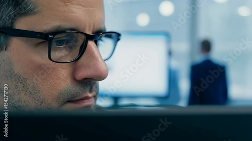 Close-up video of a middle aged Caucasian man in front of laptop monitor in office. A close-up shot shows the middle-aged man’s concentration as he types away at his laptop.