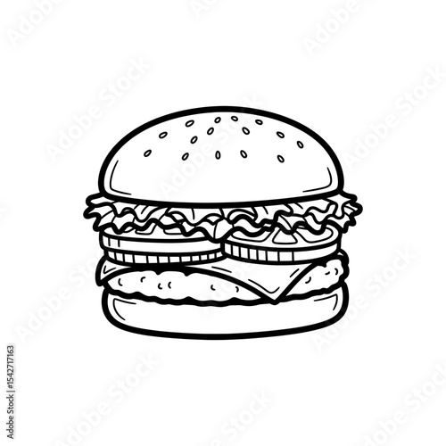 Classic Cheeseburger with Lettuce, Tomato and Patty – Delicious Fast Food Icon for Restaurant Branding – Vector Illustration