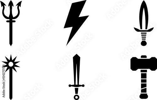 Vector illustration of weapons and magical artifacts for games and fantasy designs isolated on white editable stock vector illustration