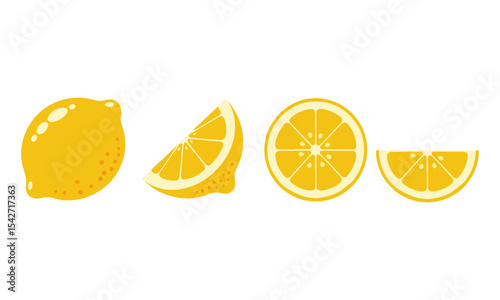 Lemon in Various Slices Flat Design,
A vibrant flat design illustration showcasing a whole lemon alongside three different cuts: a quarter slice, a full cross-section, and a half slice,
