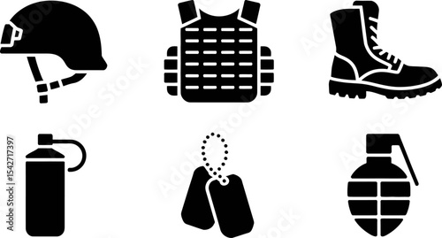 Illustration of military equipment including helmet vest boots canteen tags and grenade vector icon set editable stock vector illustration