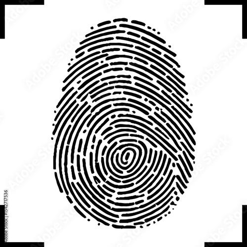 black fingerprint on a white background with corner border
