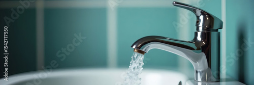 A chrome faucet with water running into a white sink, against a backdrop of light blue tiles