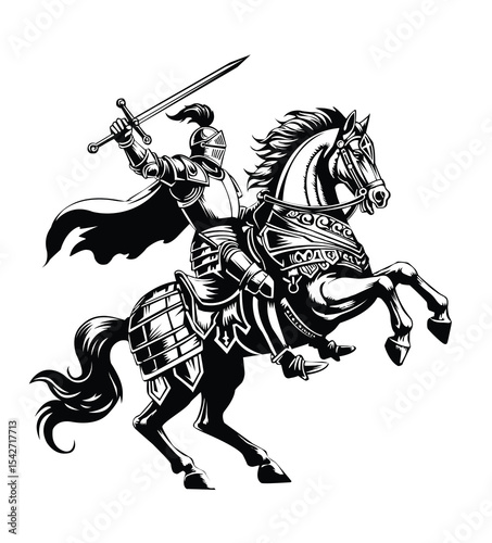 illustration of a knight on horseback with drawn sword
