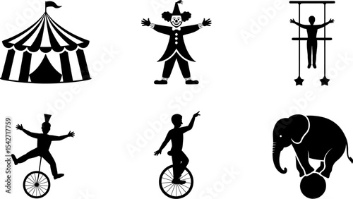 Circus icons vector set big top tent clown acrobat elephant unicycle performer show entertainment design editable stock vector illustration