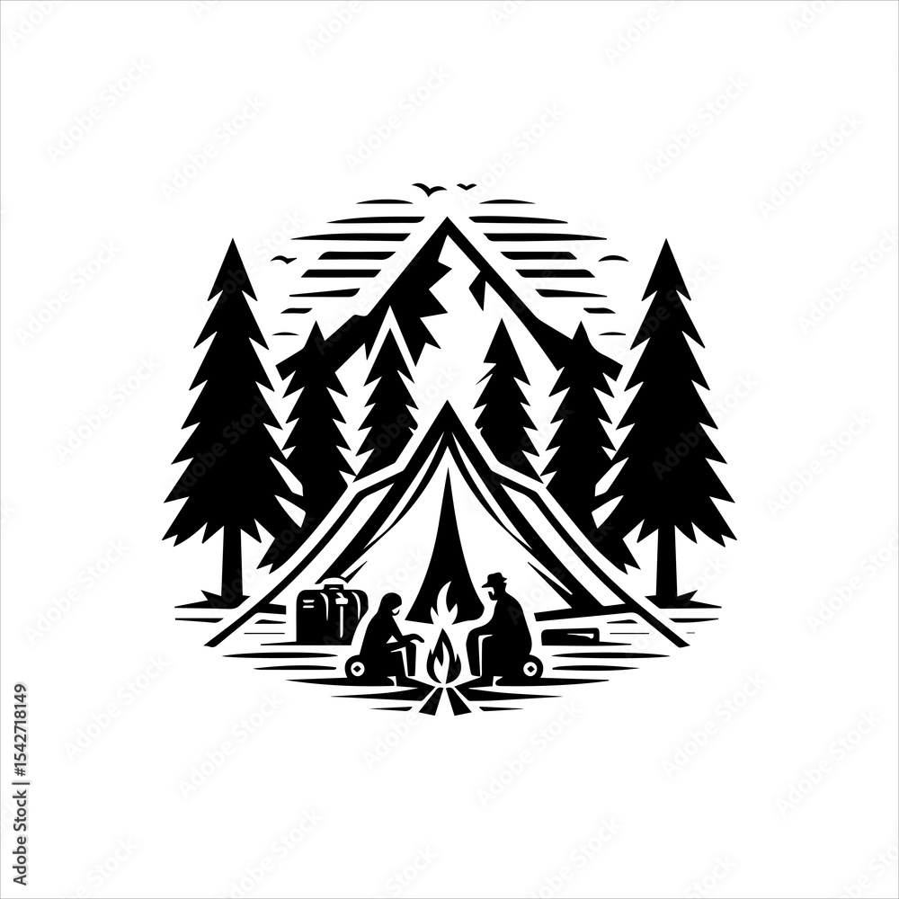 Obraz premium Black and White Family Camping Logo with Tent and Mountains Isolated on White Background