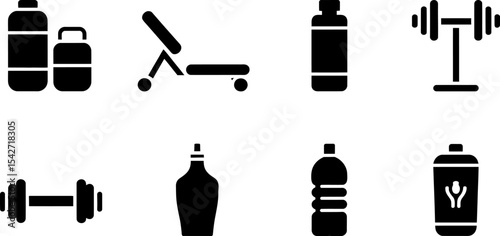 Gym equipment vector icons set dumbbell bench press protein bottle workout fitness training exercise 100 editable stock vector illustration