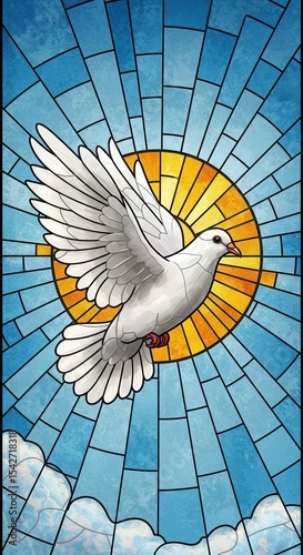Stained glass depiction of a white dove flying against a radiant sun 