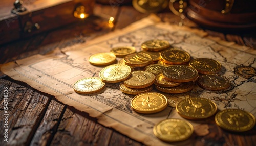 Vintage gold coins scattered on an old map or wooden table, treasure concept, historical wealth and mystery
