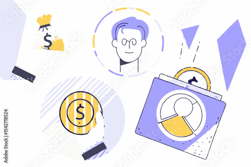 Crowdfunding, investment, fundraising donation set. Characters contribute money for idea, financial support, startup business. Finance outline concept. Vector ... See More