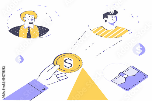 Crowdfunding, investment, fundraising donation set. Characters contribute money for idea, financial support, startup business. Finance outline concept. Vector ... See More