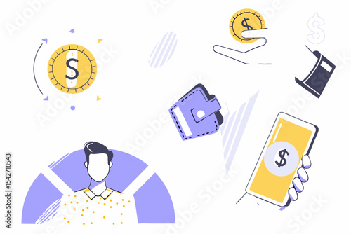 Crowdfunding, investment, fundraising donation set. Characters contribute money for idea, financial support, startup business. Finance outline concept. Vector ... See More
