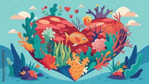 Heart-Shaped Coral Reef in Ocean with Fish Swimming Around a Vibrant Underwater Scene
