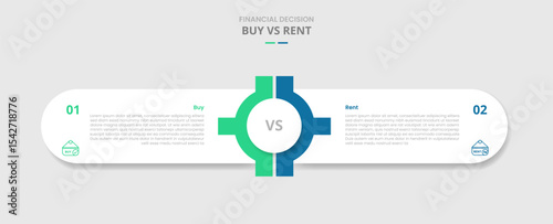 buy vs rent comparison for infographic with round rectangle box container with gear center system drop shadow style with two point list information