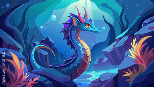 A stylized sea dragon gracefully drifts near a vibrant coral cliff creating an ethereal underwater scene