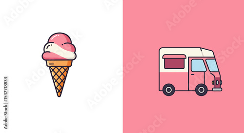 Illustration Vector SVG with Ice Cream and Food Truck in Pink Colors Flat Design