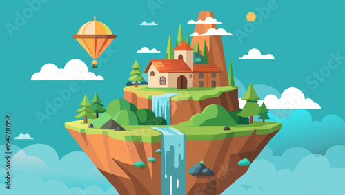 A Surreal Floating Island Dreamscape featuring a Majestic Waterfall and Tiny Village nestled amidst vibrant flora and fauna