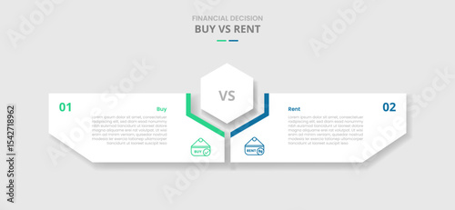 buy vs rent comparison for infographic with hexagon center and creative box shaped by hexagonal drop shadow style with two point list information