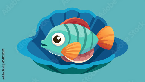 Tiny Fish Seeking Shelter Inside a Seashell Vector Close Up Illustration