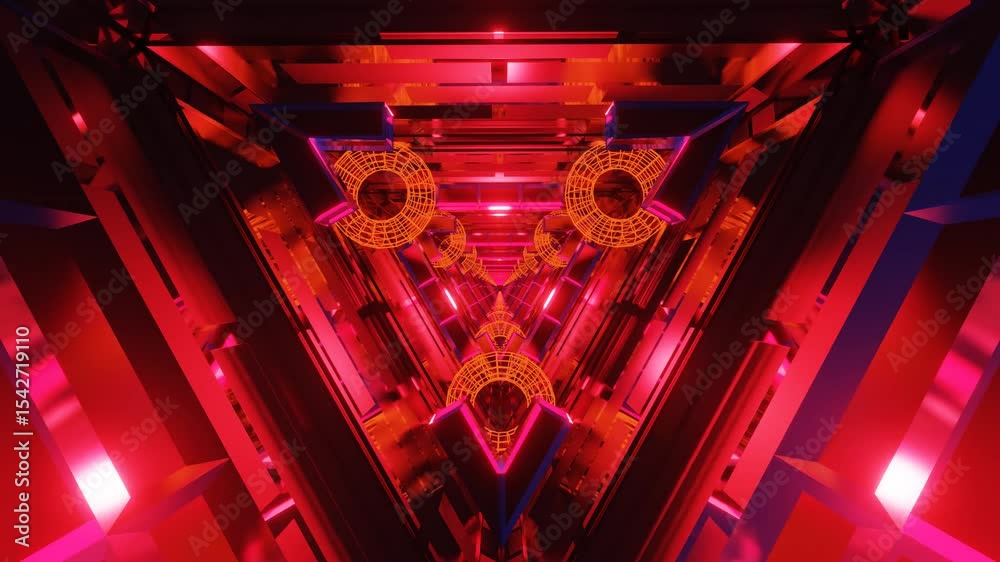 Abstract of a glowing red triangular tunnel with symmetrical neon gears and futuristic lights