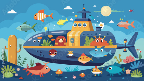 A captivating cutaway vector illustration reveals a submarine's interior filled with inquisitive characters exploring its depths