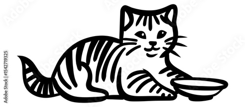 A line art illustration of a striped cat, depicted lying down with a friendly expression next to an empty food bowl.