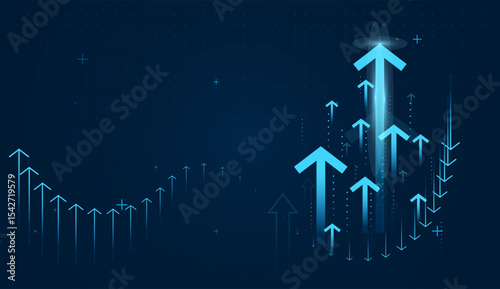 Groups of upward arrow growth for finance and business growing to the sucess. Set of light blue arrows up trend concepts in vector illustration on dark background