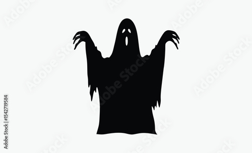 Spooky ghost silhouette, simple halloween illustration, black and white graphic on white background