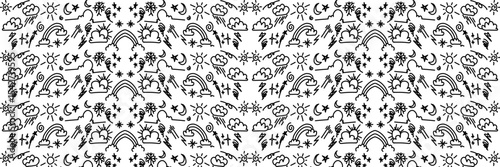 Whimsical weather pattern features a variety of hand-drawn elements like stars, suns, clouds, rainbows and lightning in black ink on white for fun, eye-catching backgrounds.