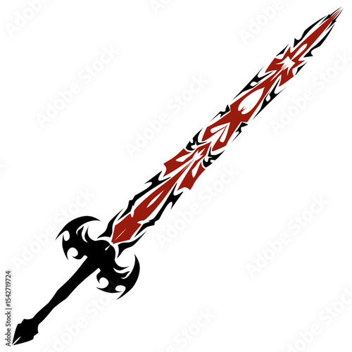 Stylized red and black sword illustration featuring intricate tribal patterns and a decorative hilt, creating a dramatic and powerful image perfect for fantasy game or design projects.