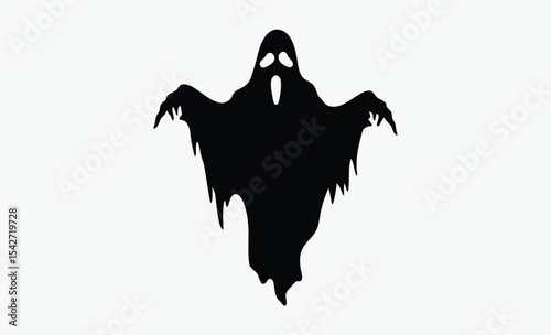 Spooky ghost silhouette, simple halloween illustration, black and white graphic on white background