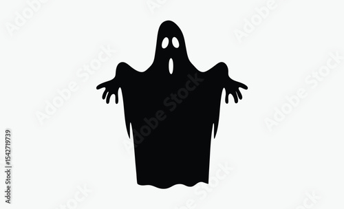 Spooky ghost silhouette, simple halloween illustration, black and white graphic on white background