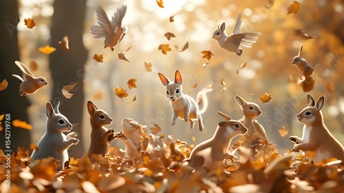 Adorable bunnies and birds frolic amidst falling autumn leaves.  A heartwarming scene of playful wildlife in a sun-dappled forest.